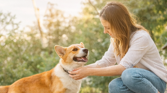Femme avec son chien corgi